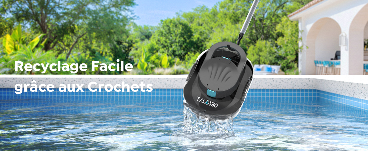 Le texte indique « Recyclage Facile grâce aux Crochets ». Dispositif d'entretien de piscine illustré en cours d'utilisation dans l'eau de piscine avec crochets de montage visibles.