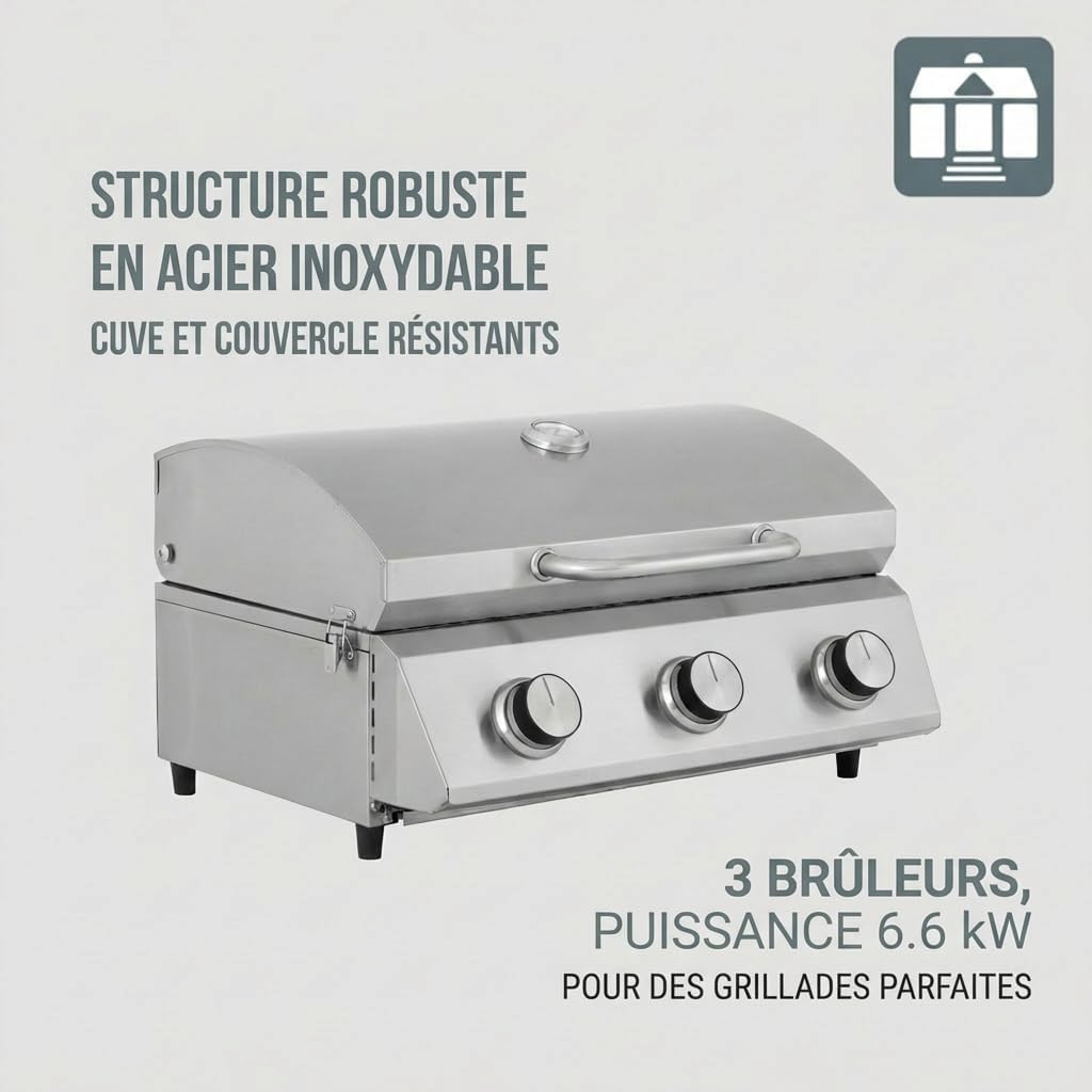 jardinito - Barbecue à gaz portable - inox - 3 brûleurs, thermomètre, allumage piézo - CATHAN