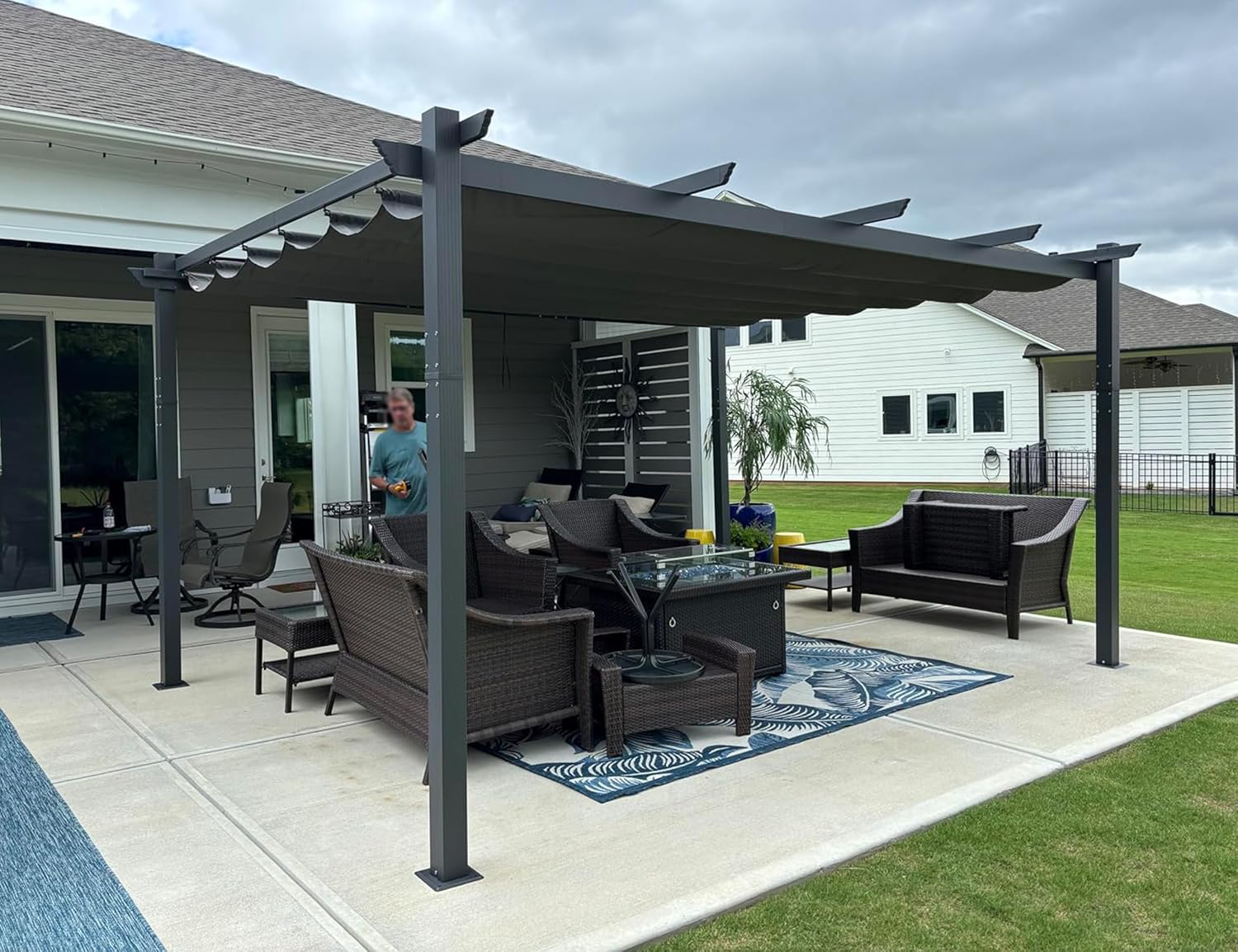 jardinito - Pergola aluminium - 4,8x3,5m - toit coulissant, tissu teint en fil, gris