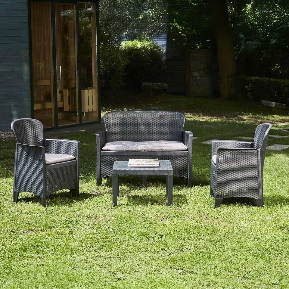 jardinito - Ostuni salon de jardin - 2 fauteuils, canapé, table basse, coussins, effet rotin, anthracite