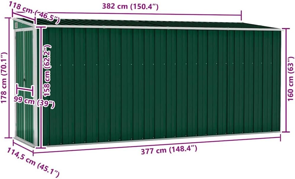 jardinito Abri de Jardin Mural Vert 118x382x178 cm Acier galvanisé,Structures extérieures, Cabanes & abris de Jardin,316229