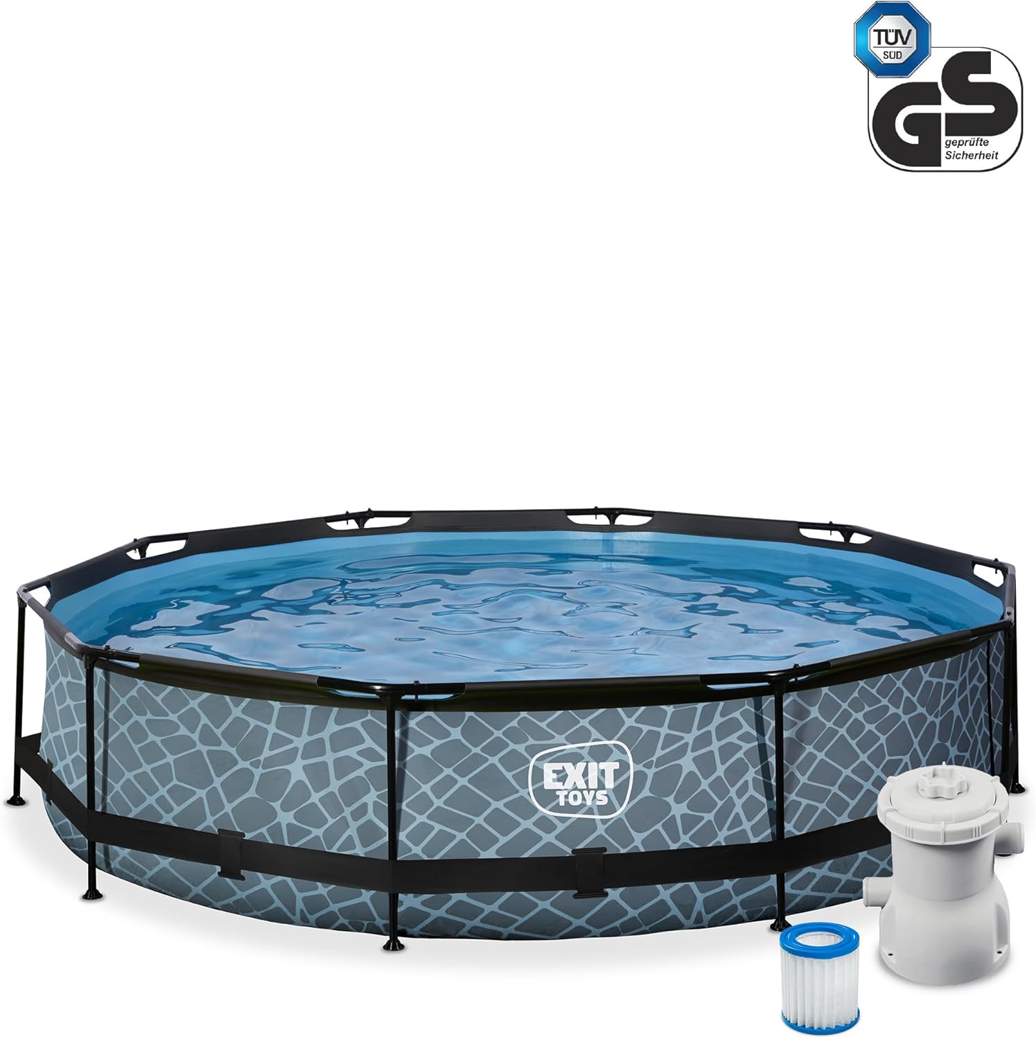 jardinito Piscine Tubulaire Stone - ø360x76cm - Piscine Hors Sol Ronde Grande avec Pompe Filtrante à Cartouche - Entrée Basse - Idéal pour Les Jeunes Enfants - Cadre Stable - Design Unique - Gris