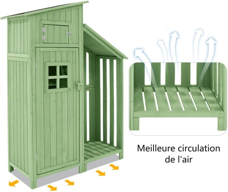 Abri de Jardin en Bois 124x46x174cm,Rangement Outils de Jardin,Cabane de Jardin Extérieur avec Serrure en PVC incliné à loquet,Vert