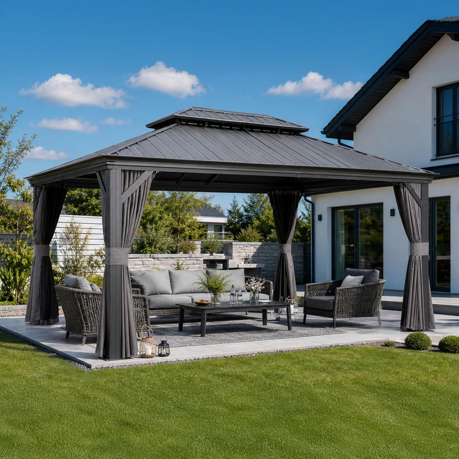 jardinito - Tonnelle série toit double - 4,85×3,65m - acier galvanisé, rideaux épais, gouttière