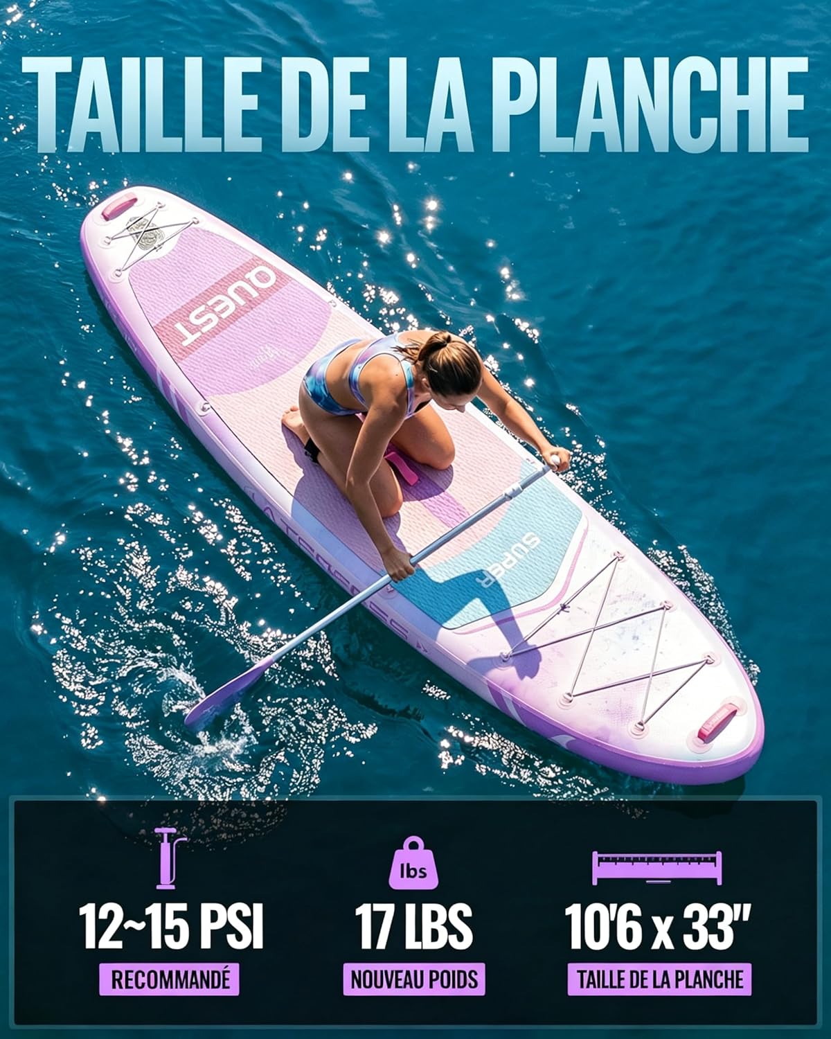 Stand up paddle gonflable adulte, 320x84cm, 2 places, charge 200kg