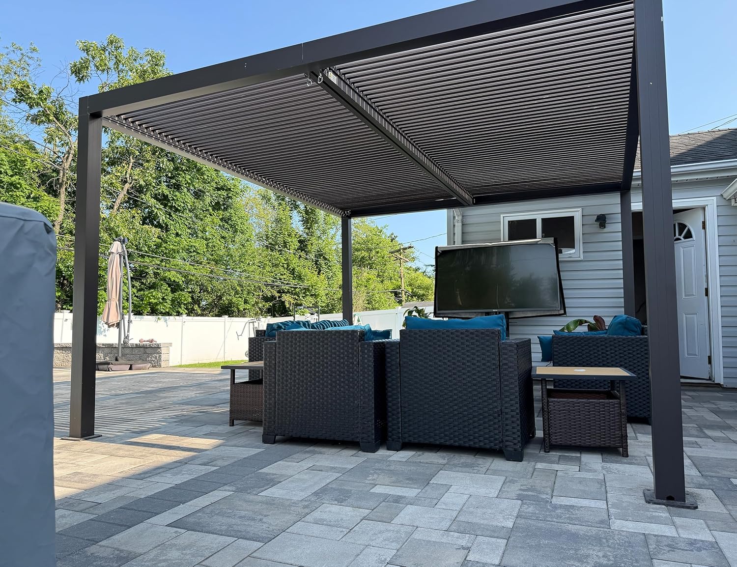 jardinito - Pergola aluminium bioclimatique 4,8x3m, lames orientables, persiennes fixes, gris