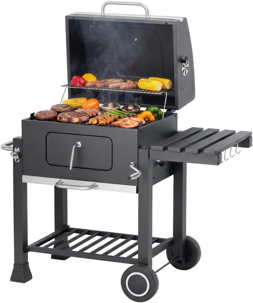 jardinito - Memphis - acier, grille, tablette pliable, roulettes, thermomètre, bac à cendres