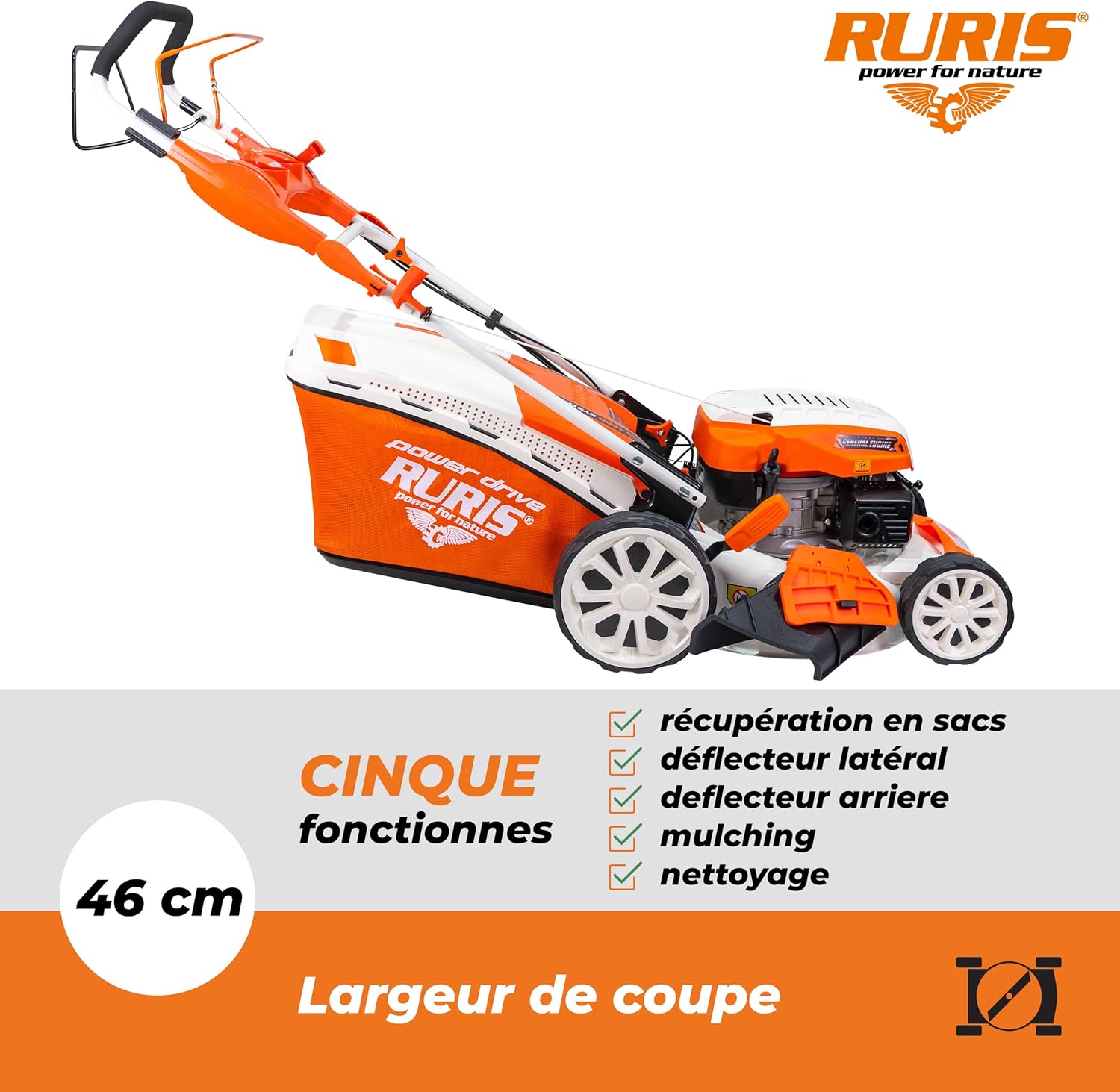 RURIS Tondeuse à Gazon Thermique RX300S 3,5 CV – Largeur 46 cm, Autopropulsée, 5 Fonctions - Ramassage, Éjection, Mulching, 1500 m², Moteur 4 Temps, Bac 65L