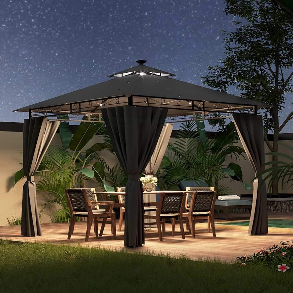 jardinito - Tonnelle Deluxe - 3x3m - LED, métal, 4-6 pers, gris
