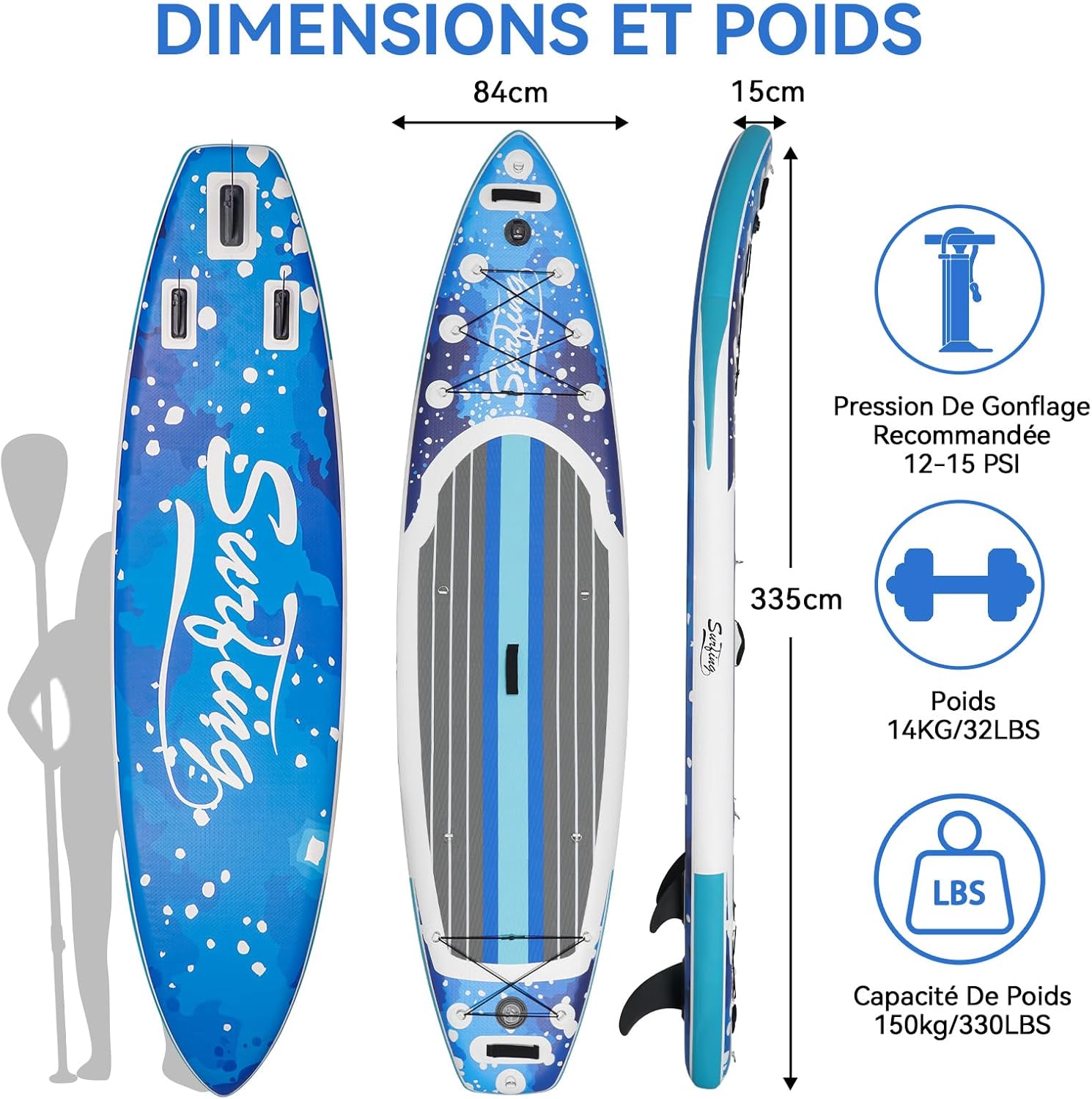 jardinito - Paddle gonflable 320/335cm - 2 personnes, siège kayak, jusqu'à 150kg