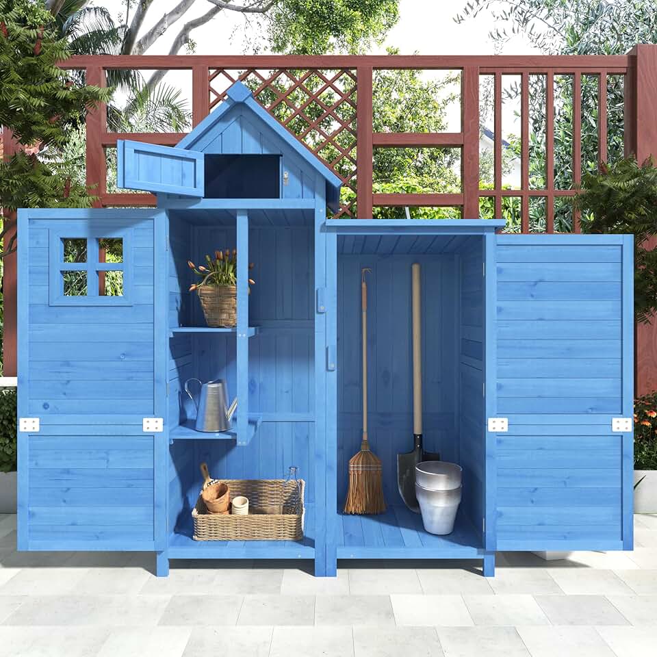 jardinito - abri de jardin bois 118x54x173cm, 2 portes, toit PVC, bleu