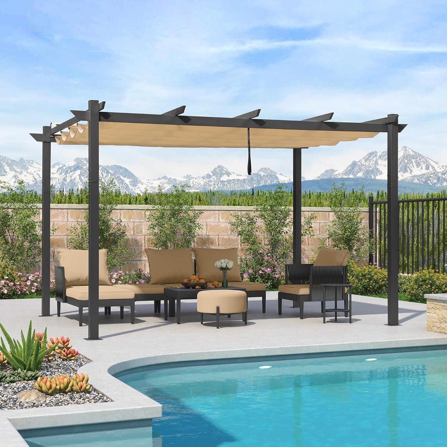 jardinito - Pergola Kaki - 4x3m aluminium, toit rétractable, imperméable