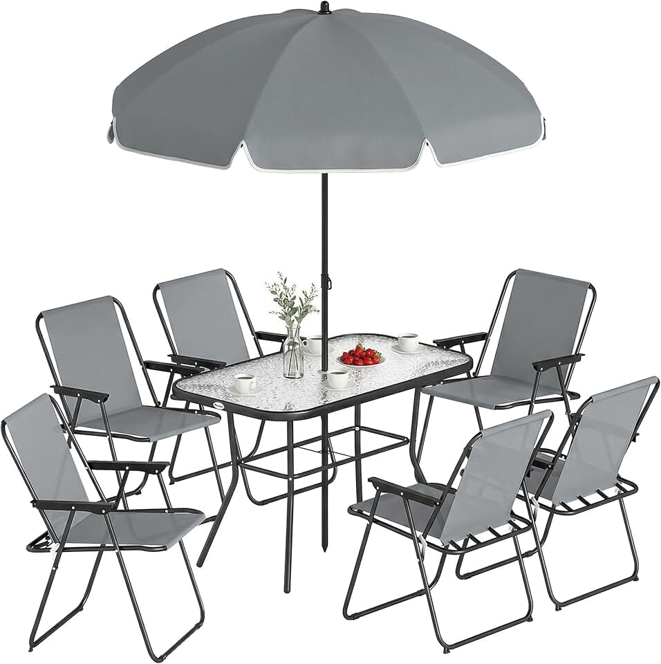 jardinito - salon de jardin 8 pièces, table verre trempé, acier antirouille, chaises pliantes, parasol, Gris