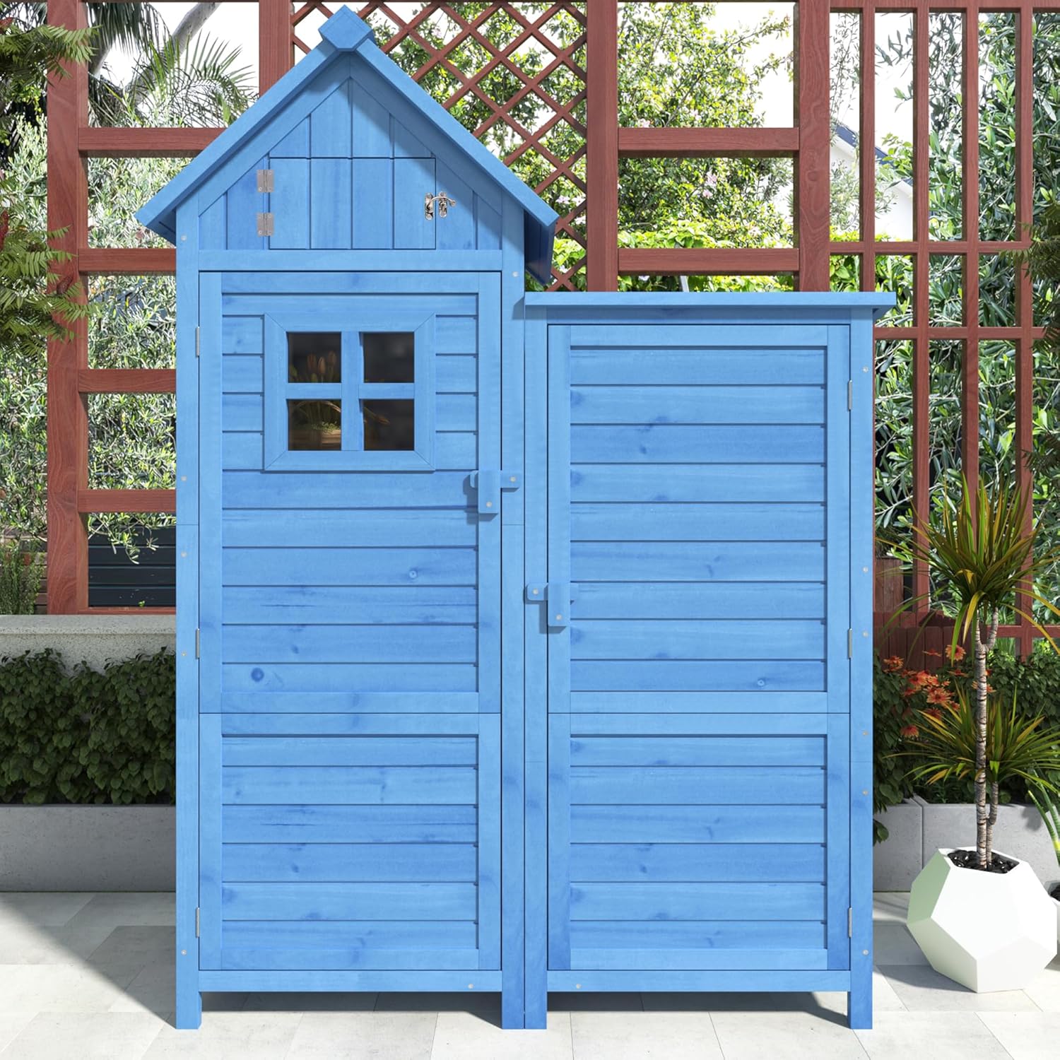 Abri de Jardin en Bois, Cabane de Jardin avec Toit en PVC incliné à loquet, Coffre de Jardin avec Fondation et 2 étagères de Rangement, Armoire Outils de Jardinage, 118x54x173cm Bleu