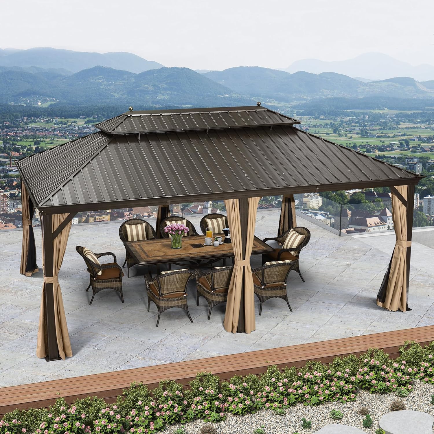 jardinito - Double Toit Bronze - 6x3,65m - Rideaux épais, moustiquaire, gouttière, poteaux renforcés