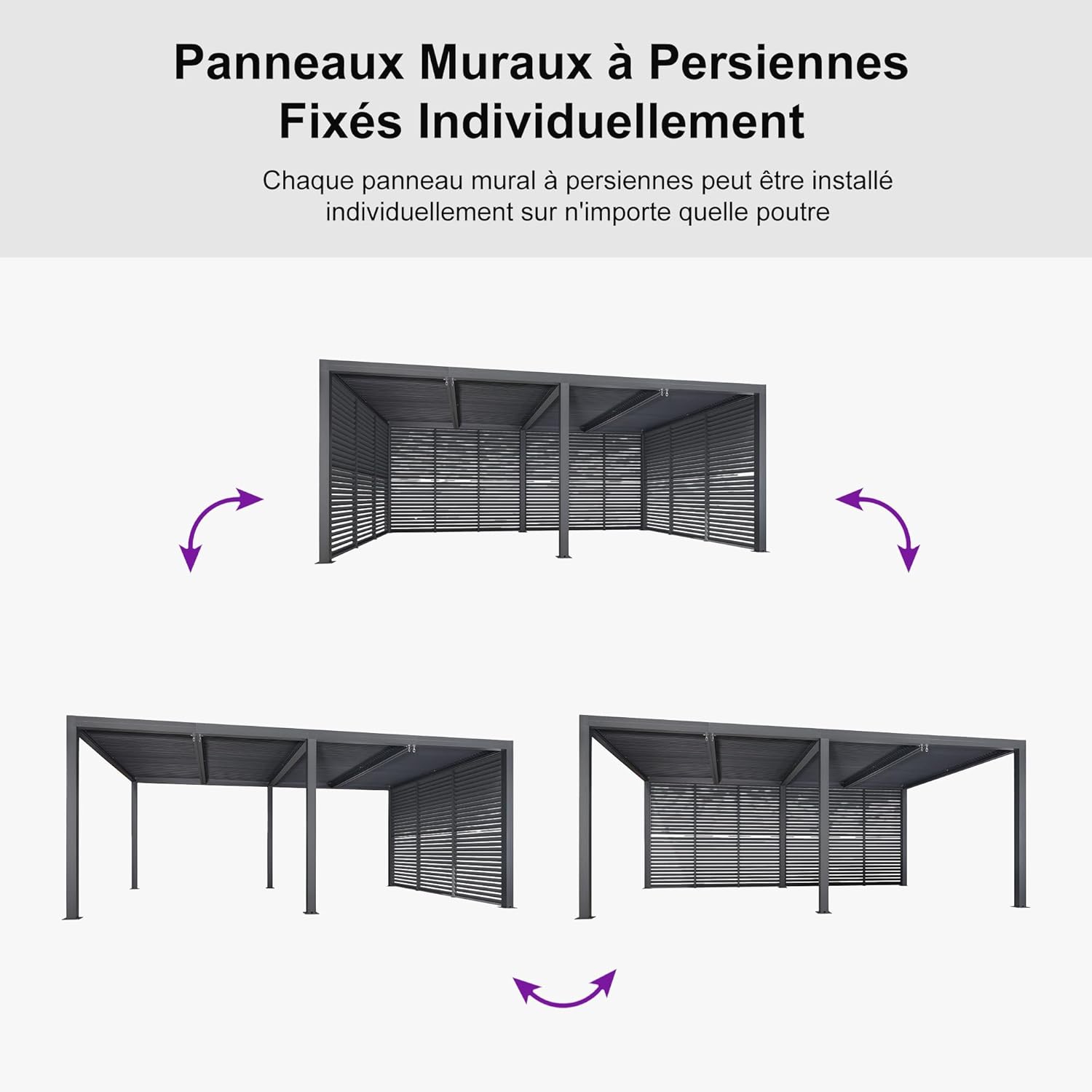 jardinito - Pergola bioclimatique 6x3,68m alu, lames orientables, persienne fixe