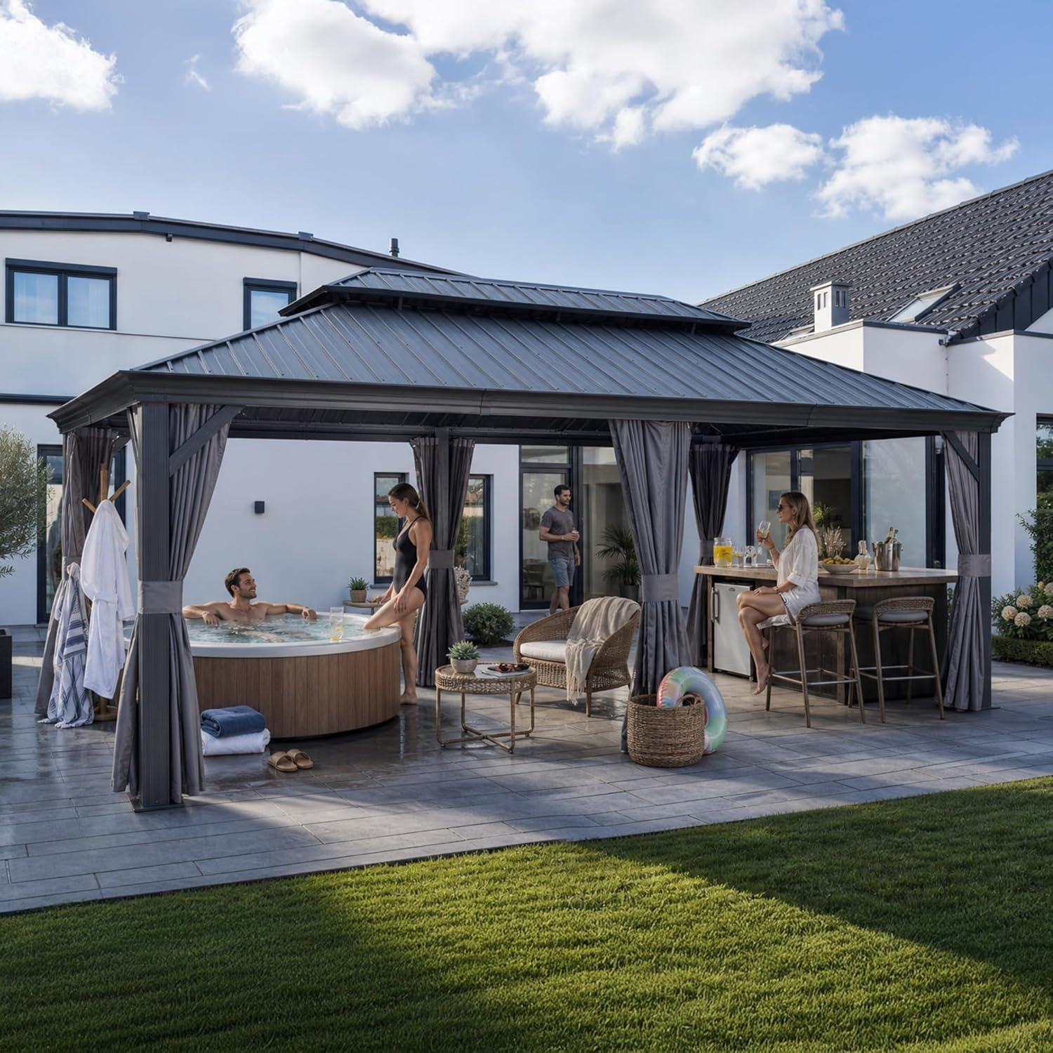 jardinito - Pergola double toit acier - 6x3,65m - moustiquaire, rideaux, gouttière, poteaux renforcés