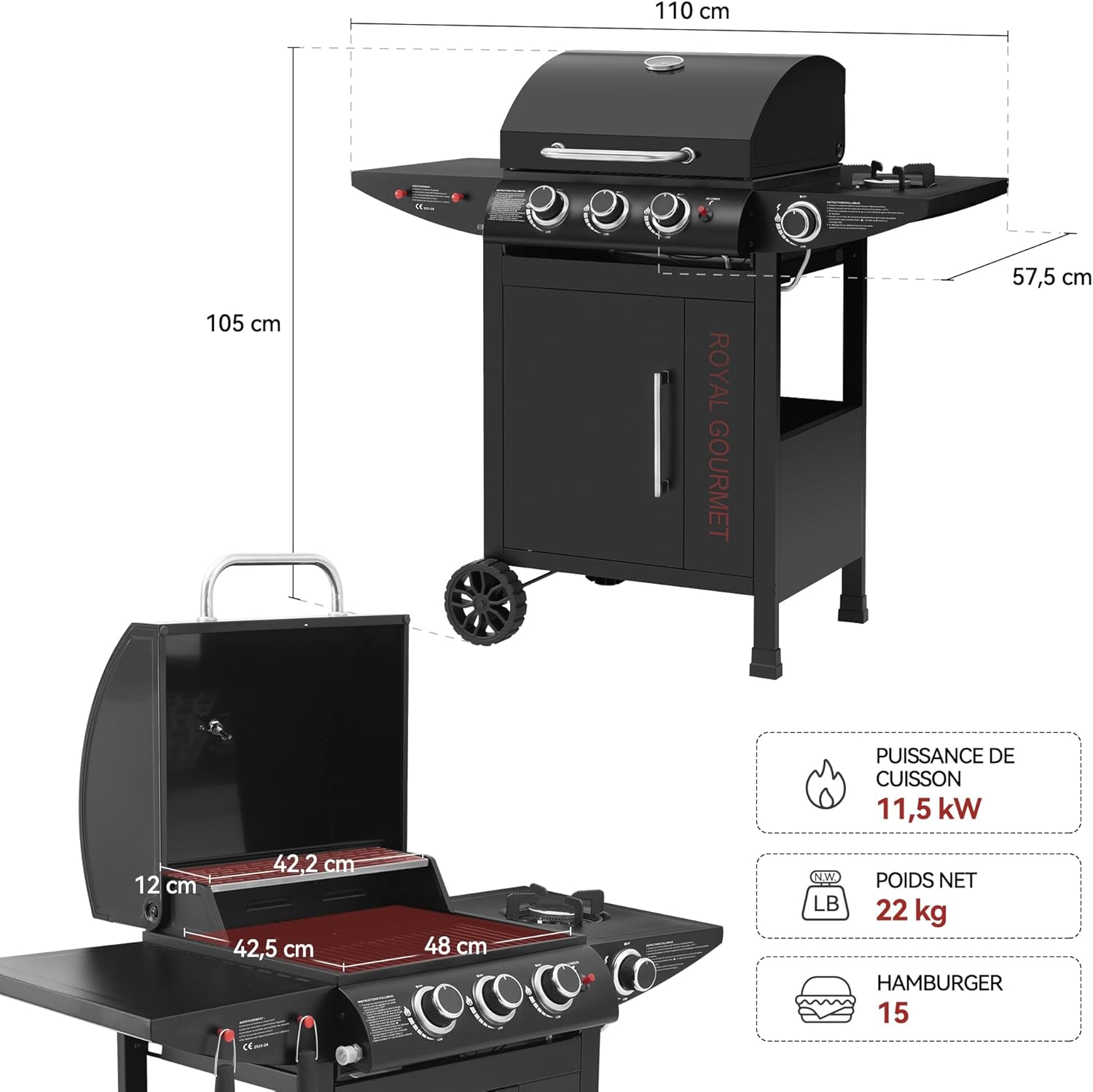 jardinito - barbecue gaz 3+1 brûleurs inox - 11,5 kW - chariot, 2 roues, thermomètre