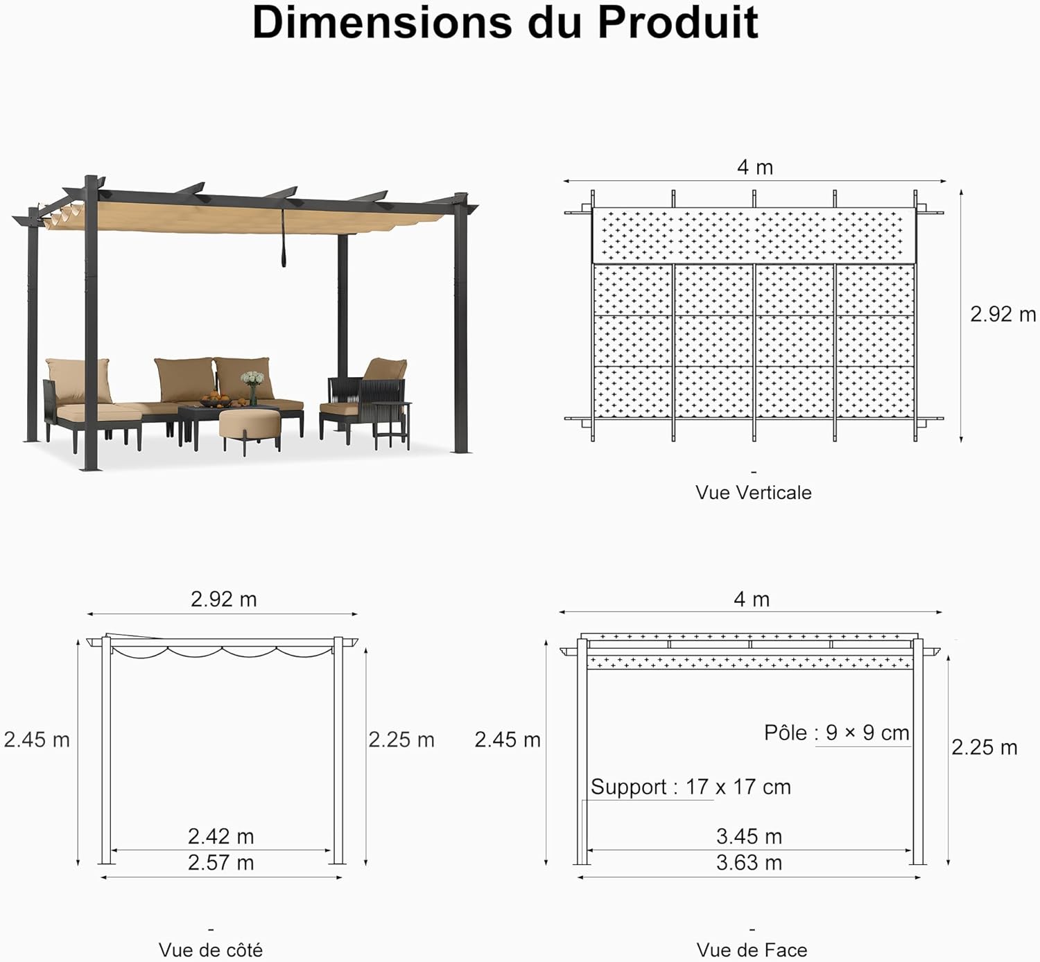 jardinito - Pergola aluminium 4x3m, toit rétractable, éclairage intégré