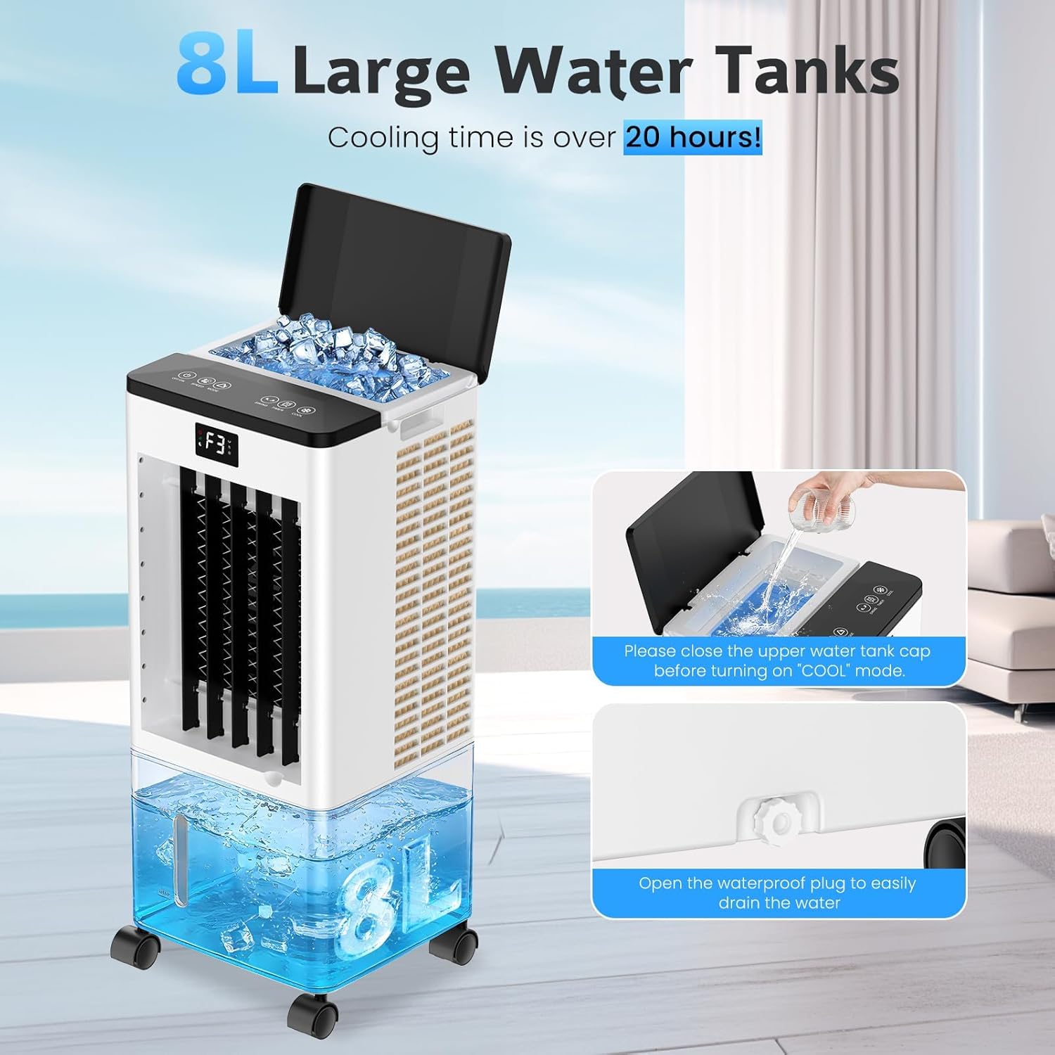 Climatiseur mobile - 8L, silencieux, 12h minuterie, 3 vitesses, 3 modes