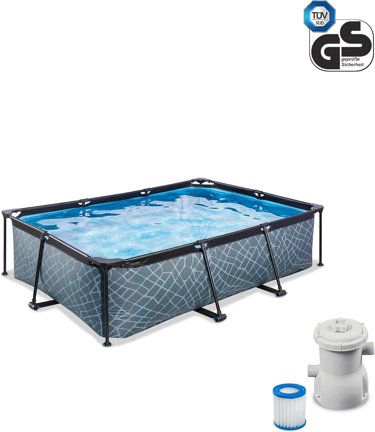 jardinito Piscine Tubulaire Stone - 220x150x65cm - Piscine Hors Sol Rectangulaire avec Pompe Filtrante à Cartouche - Entrée Basse - Idéal pour Les Jeunes Enfants - Cadre Stable - Design Unique - Gris