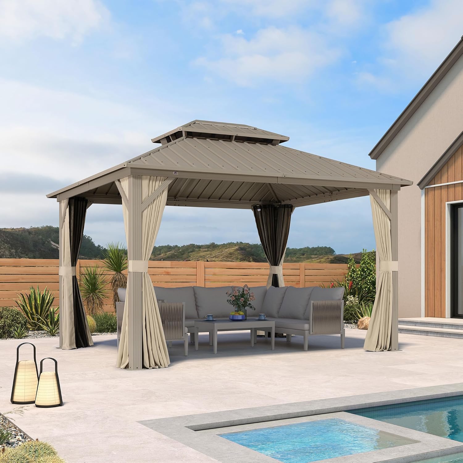 jardinito - pergola aluminium - 3,65x3m - double toit, moustiquaire, rideaux