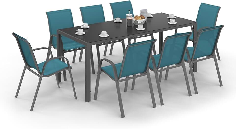 jardinito - Madrid salon jardin 190cm, 8 chaises empilables bleu