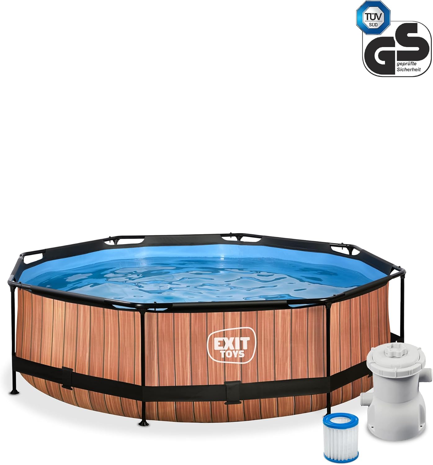 jardinito Piscine Tubulaire Wood - ø300x76cm - Piscine Hors Sol Ronde avec Pompe Filtrante à Cartouche - Entrée Basse - Idéal pour Les Jeunes Enfants - Cadre Stable - Design Unique - Marron