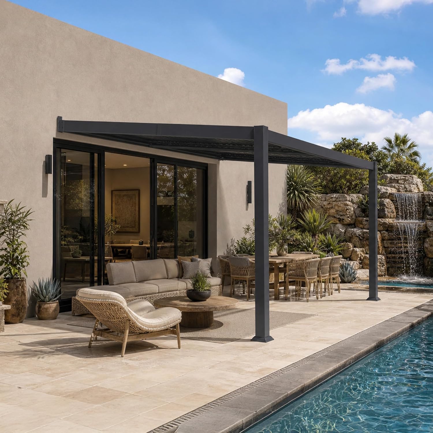 jardinito - Pergola bioclimatique adossée - 3x4,25m - aluminium, lames orientables, résistante UV et pluie