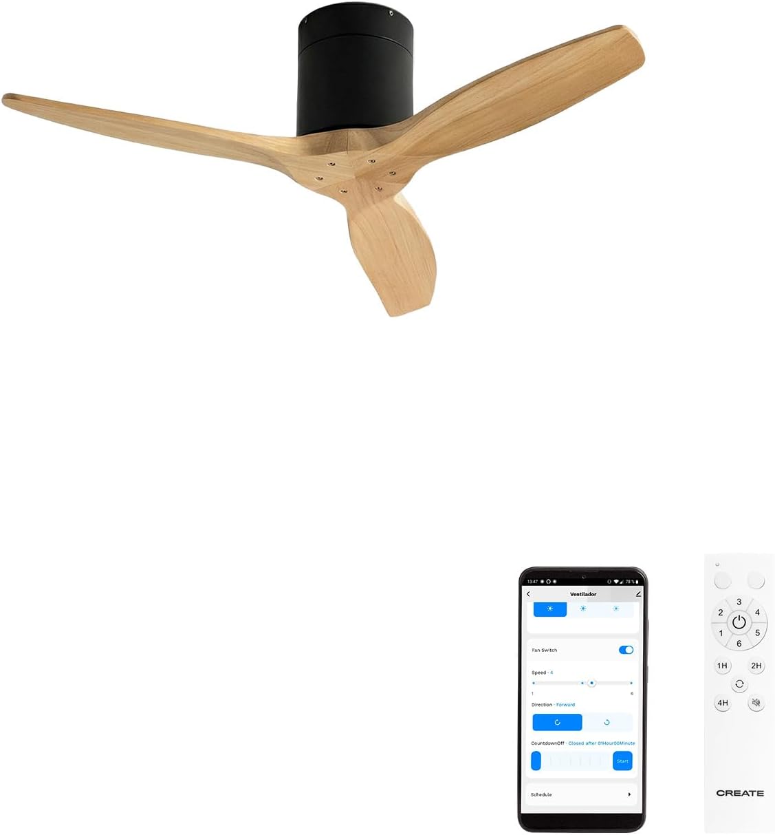 CREATE - Windcalm S - 112 cm - Ventilateur plafond Wi-Fi, 6 vitesses, silencieux, été/hiver