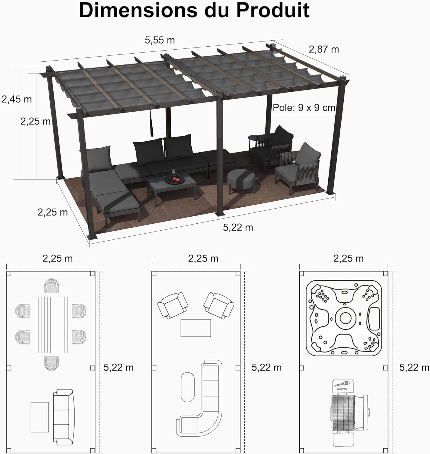 jardinito - pergola aluminium - 5,5x3 m - toit coulissant, tissu teint