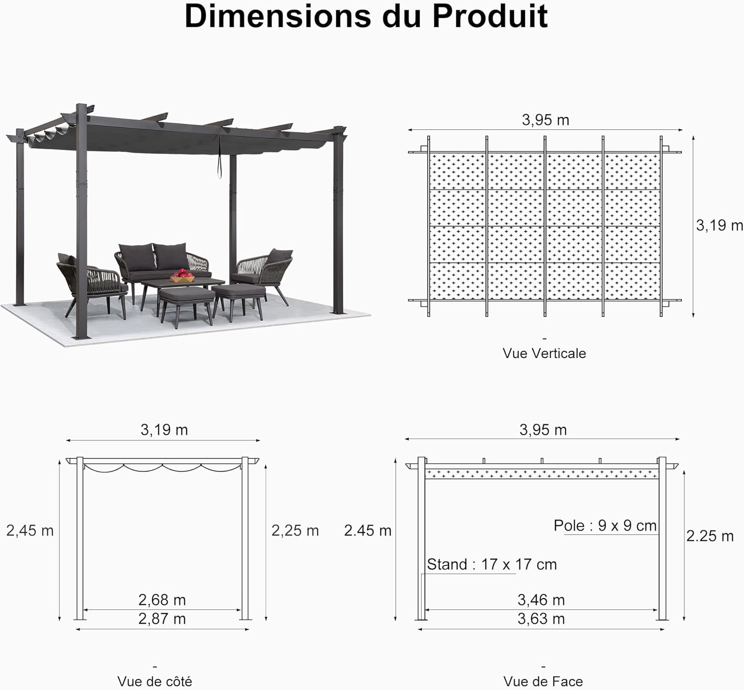 jardinito - Pergola aluminium - 4x3,2m - LED, toit rétractable, toile teintée
