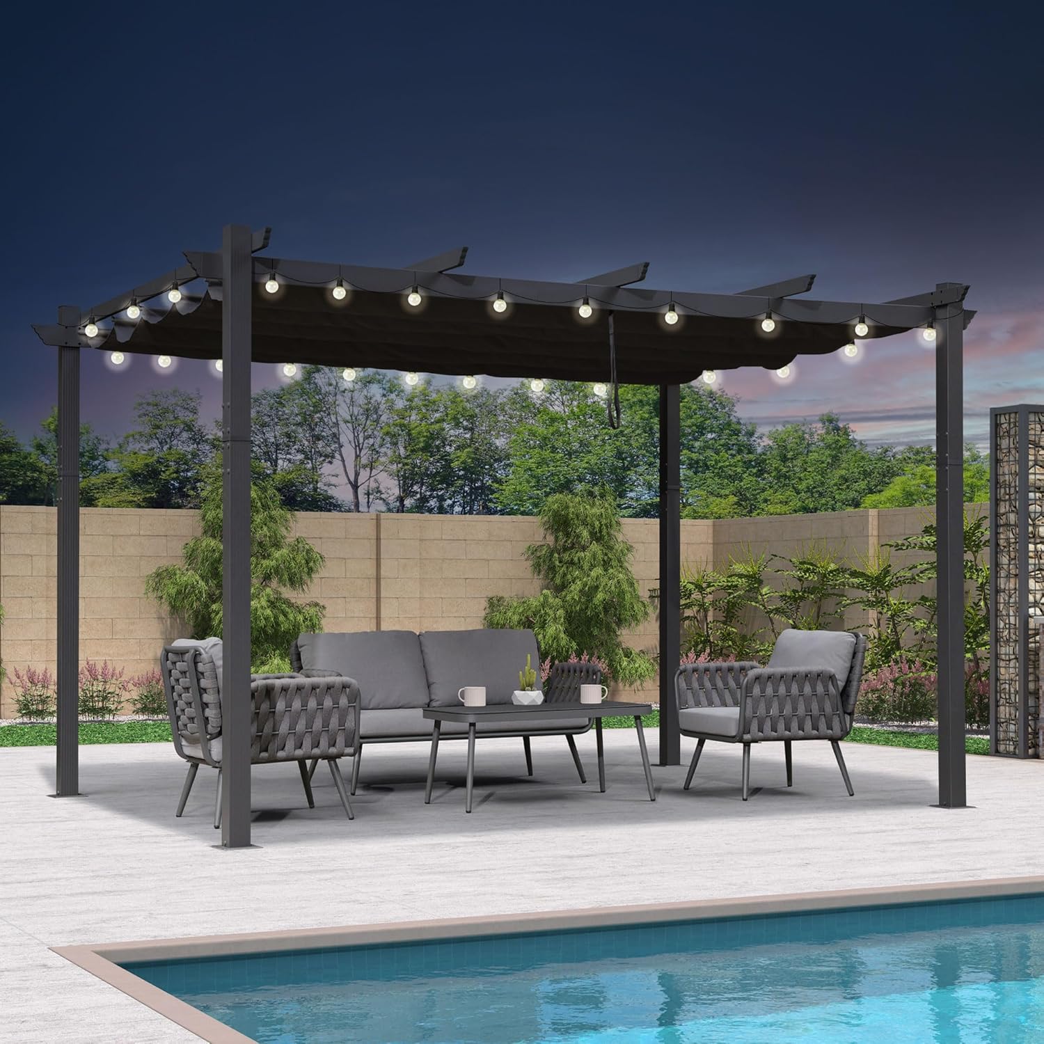 jardinito - Pergola aluminium - 4x3,2m - LED, toit rétractable, toile teintée