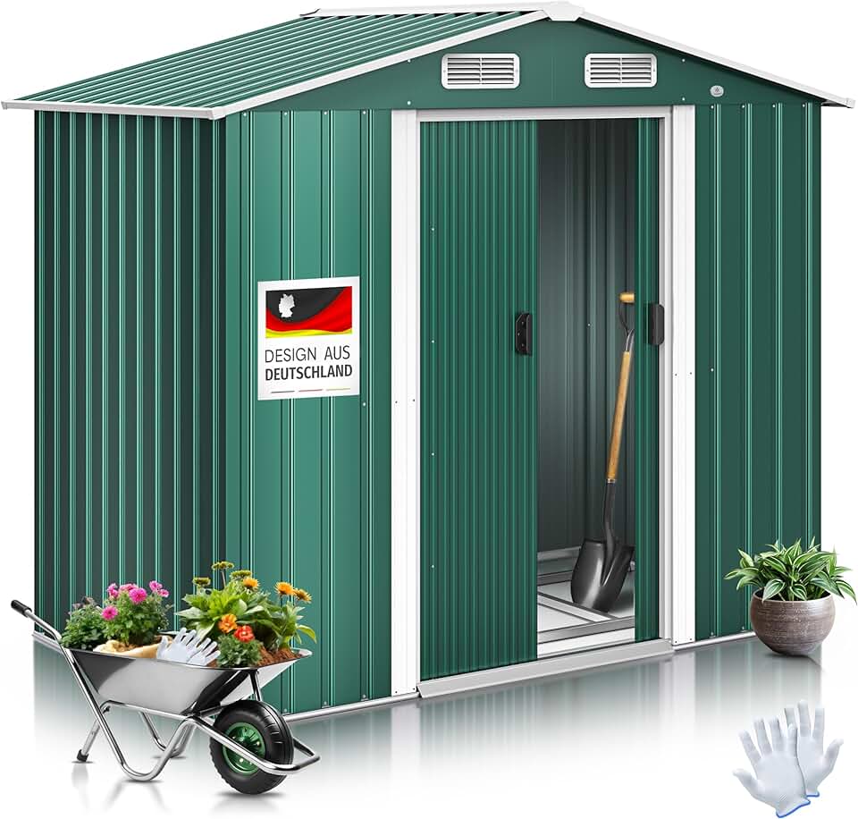 jardinito® Abri de Jardin XL en métal de 4,2 m³ avec Fondation, Gants de Travail, 182 x 118 x 186 cm, 2 Portes coulissantes, Abri à Outils, Armoire, Toit à Pente de Jardin Vert