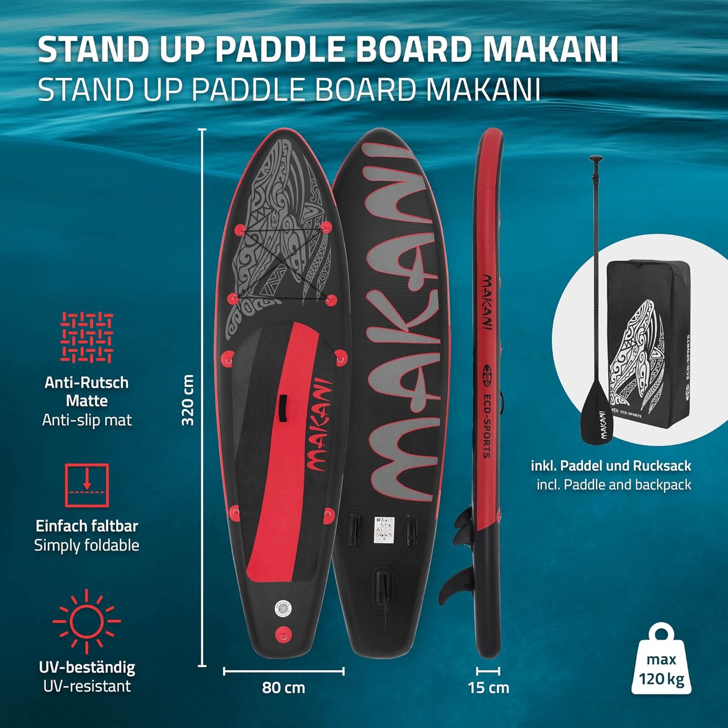 jardinito - Stand Up Paddle Board - 305/308/320/380 cm - PVC, 120/150 kg, 10/15 cm d'épaisseur