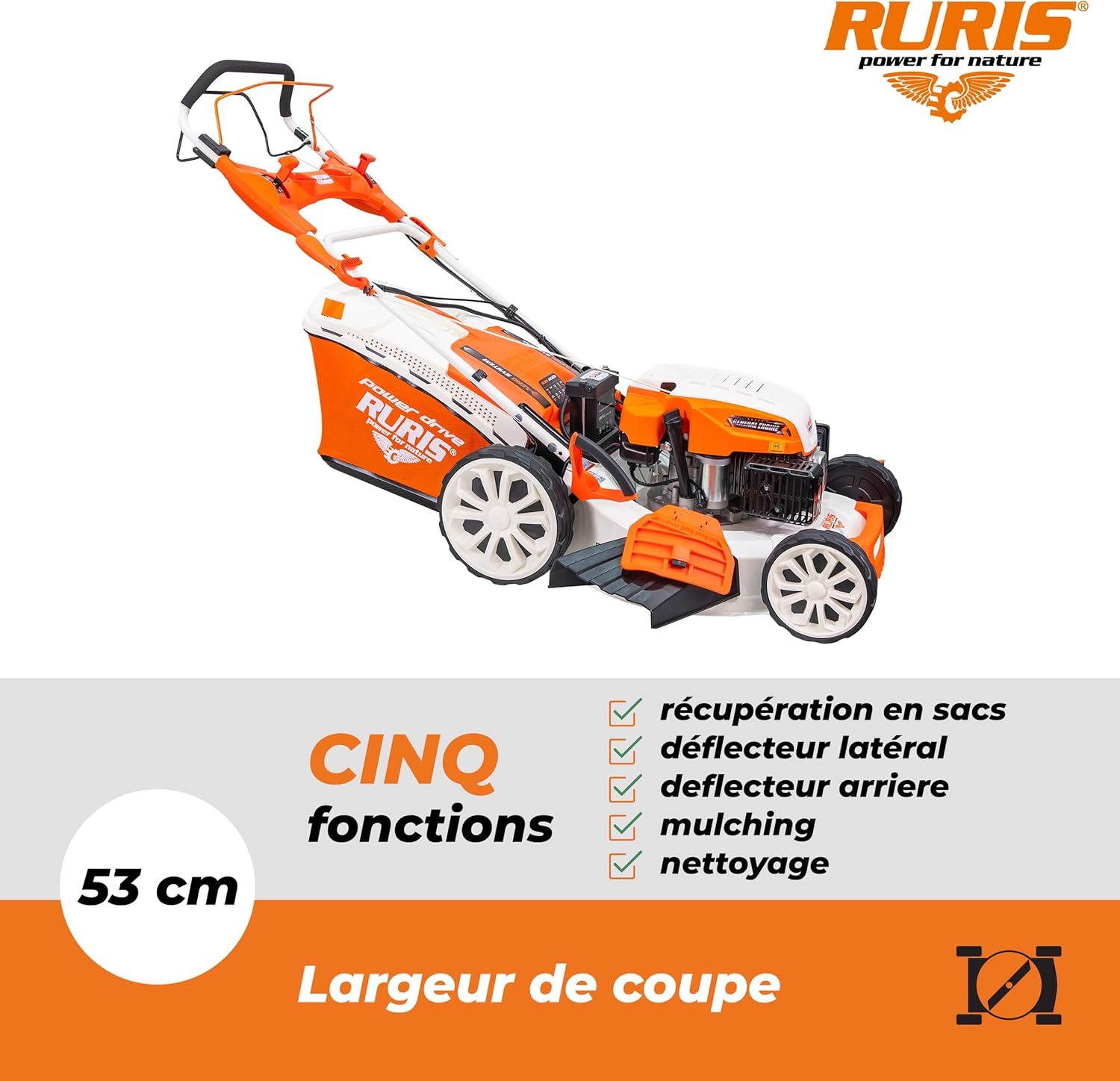 jardinito Tondeuse à Gazon Thermique 5 en 1 Mulching 5,7 CV 196cc RX500S, Orange