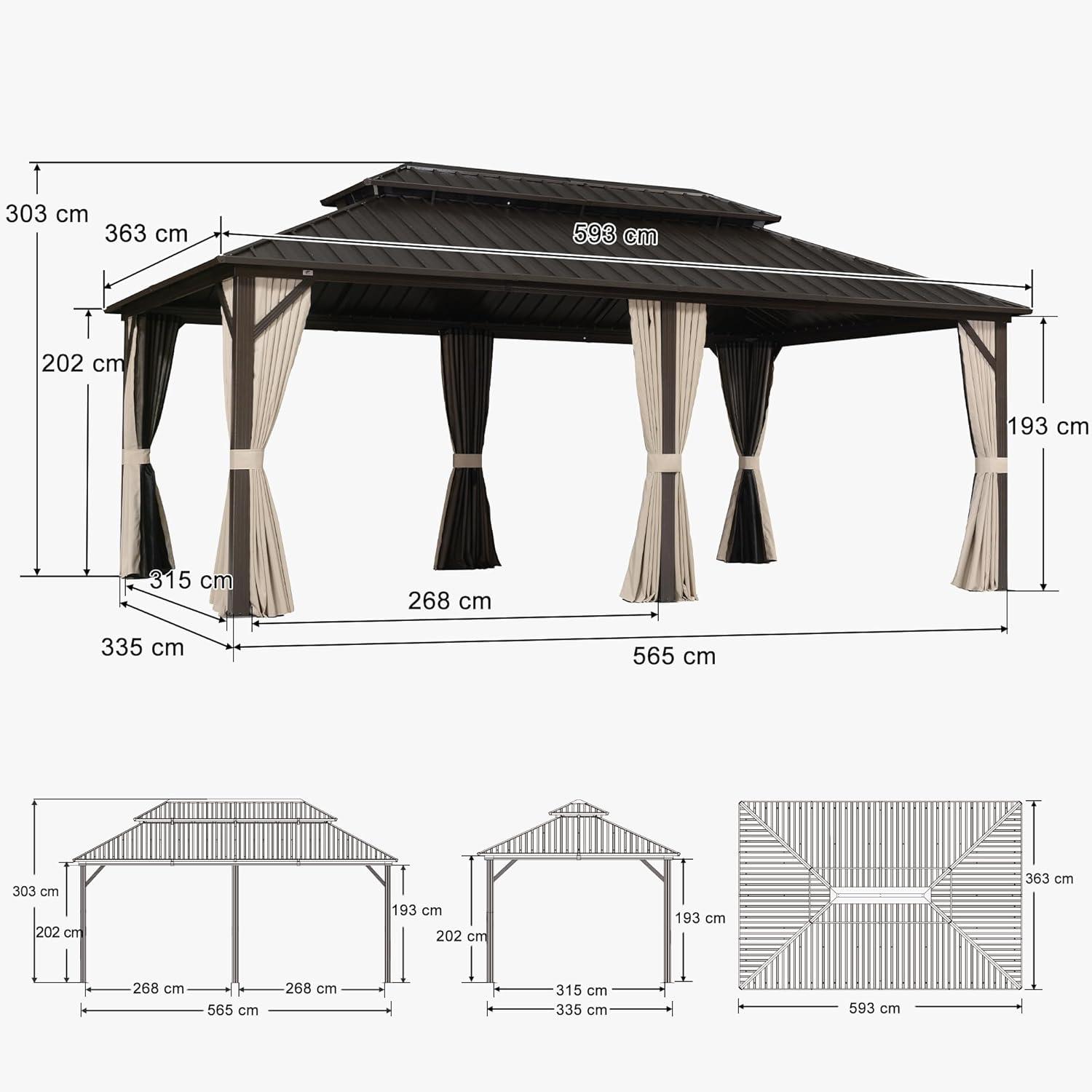jardinito - pergola double toit rigide 6x3,65m, aluminium, guirlande, rideaux