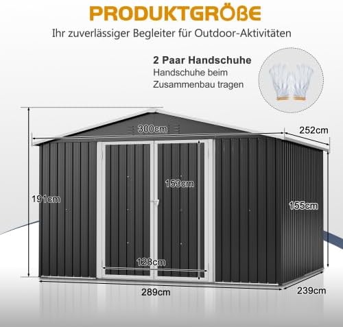 Abri de jardin en métal 300 x 252 x 191 cm Anthracite XXL avec toit à pignon, résistant aux intempéries et à la rouille, garage à vélo, armoire de jardin et stockage de poubelles