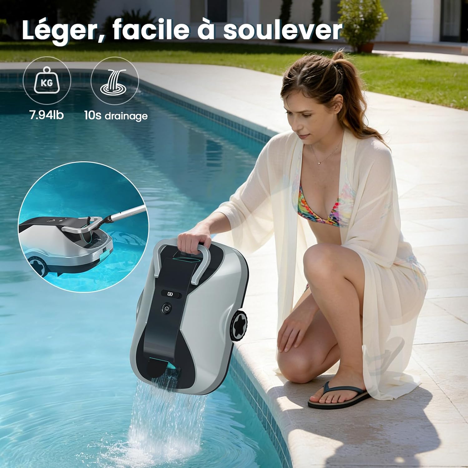 Robot piscine sans fil - compact, 200min autonomie, filtration fine, 232m²