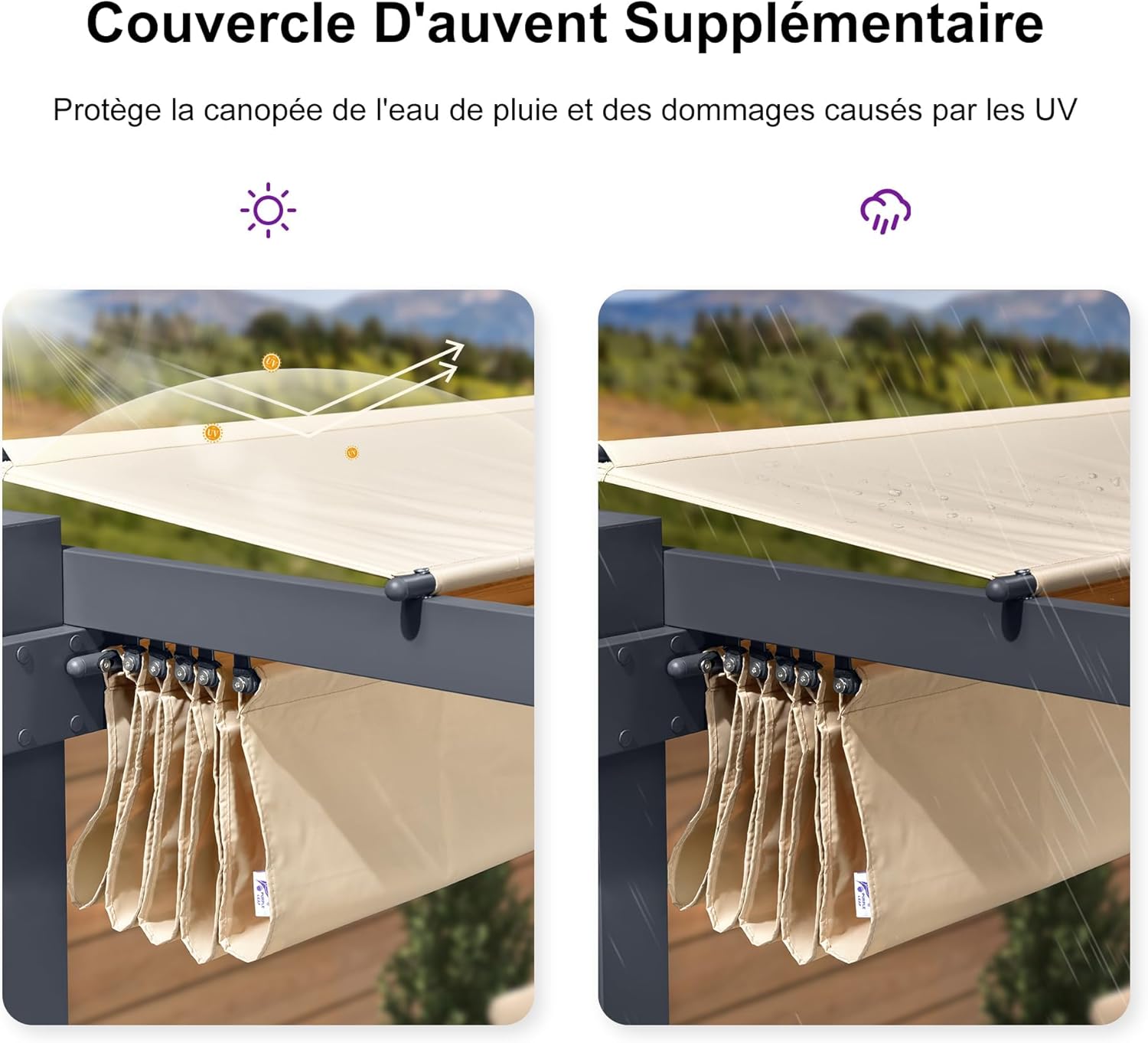 jardinito - pergola aluminium - 4x3m - rideau, toit rétractable, kaki