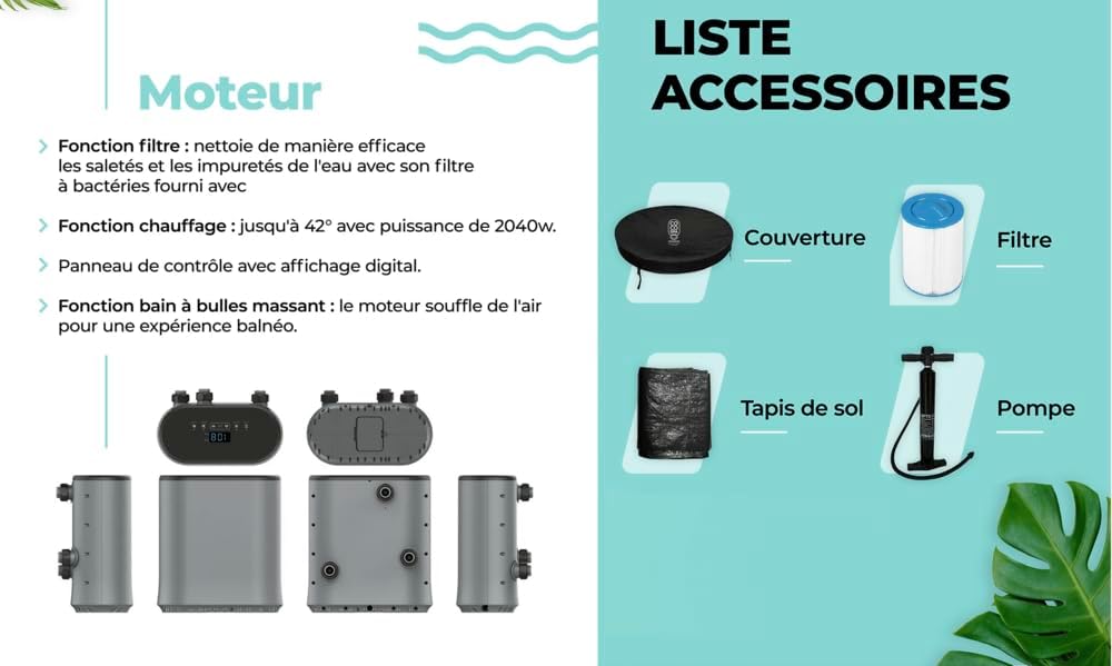 jardinito Bali Spa Gonflable - 150 cm de diamètre - 800 litres - Moteur 2240 W - 2 à 4 Personnes - Massage 140 Jets