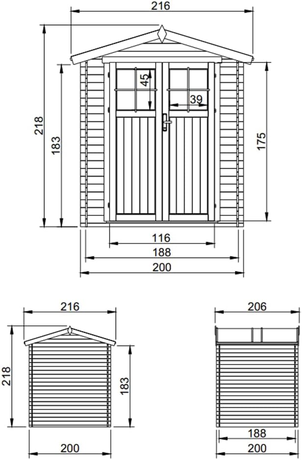 Abri de Jardin en Bois avec Sol TRAITÉ Porte verrouillable de Haute qualité - Stockage extérieur I216xL206xH218 cm/ 3.53 m2 - Toit imperméable, fenêtres jardinito M343F+M343G