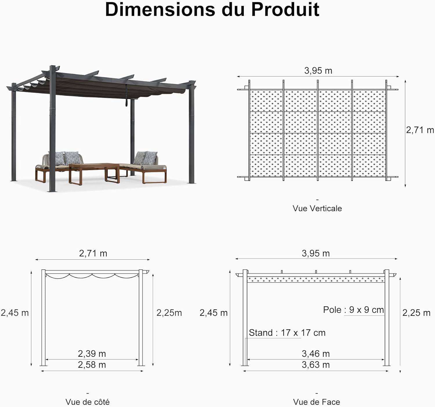 jardinito - Pergola murale série aluminium 4x2,7m toit coulissant, tissu teint, gris
