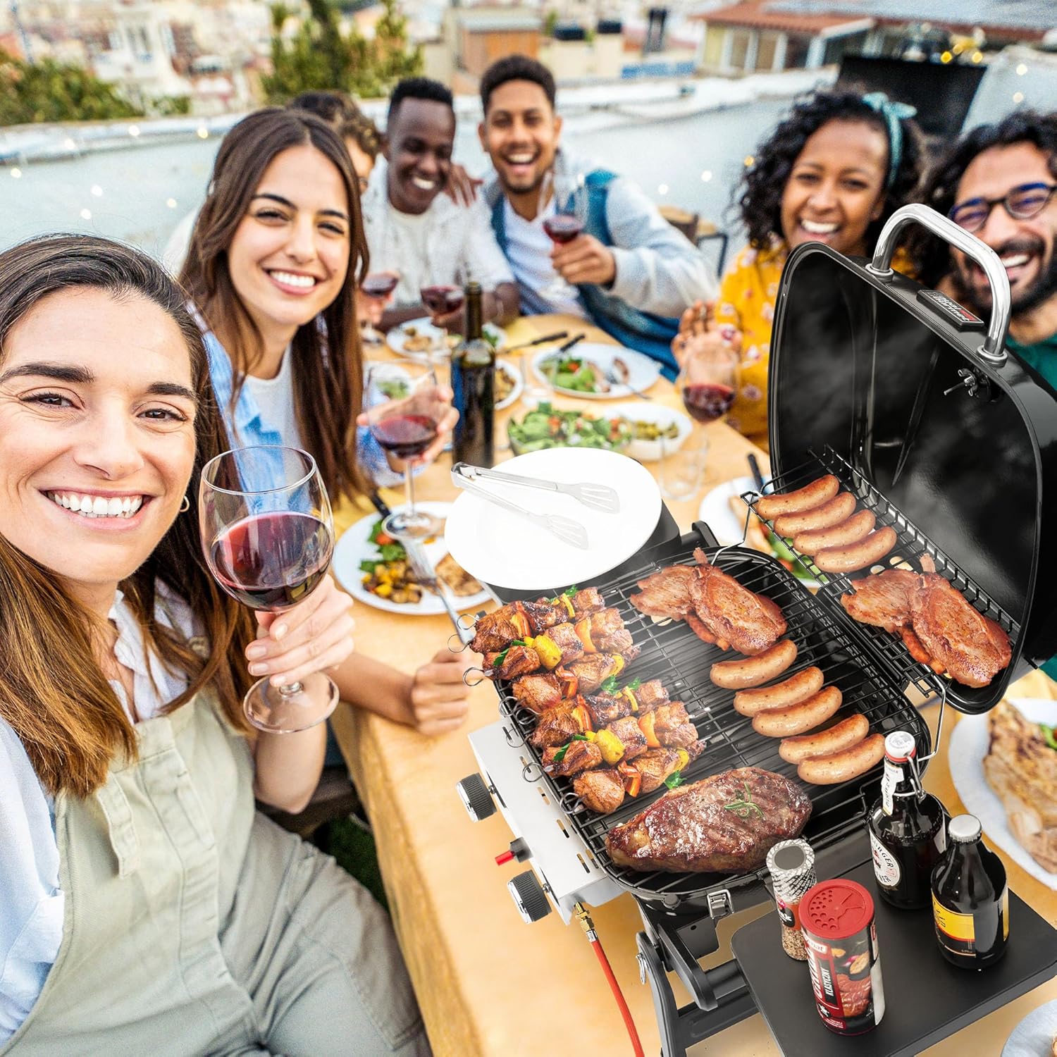 jardinito - Barbecue Gaz 2 brûleurs - 48x37 cm - tables pliables, 5kW