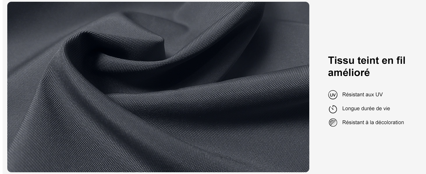 Gros plan d'un tissu noir plié à l'aspect doux et texturé. Le texte décrit un tissu en fil teint amélioré