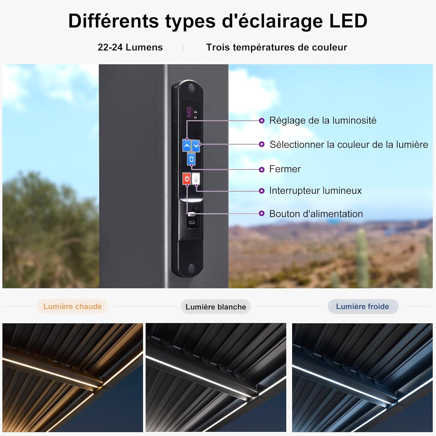 jardinito - Pergola bioclimatique - 3,5x5,5m - alu, lames LED, étanche