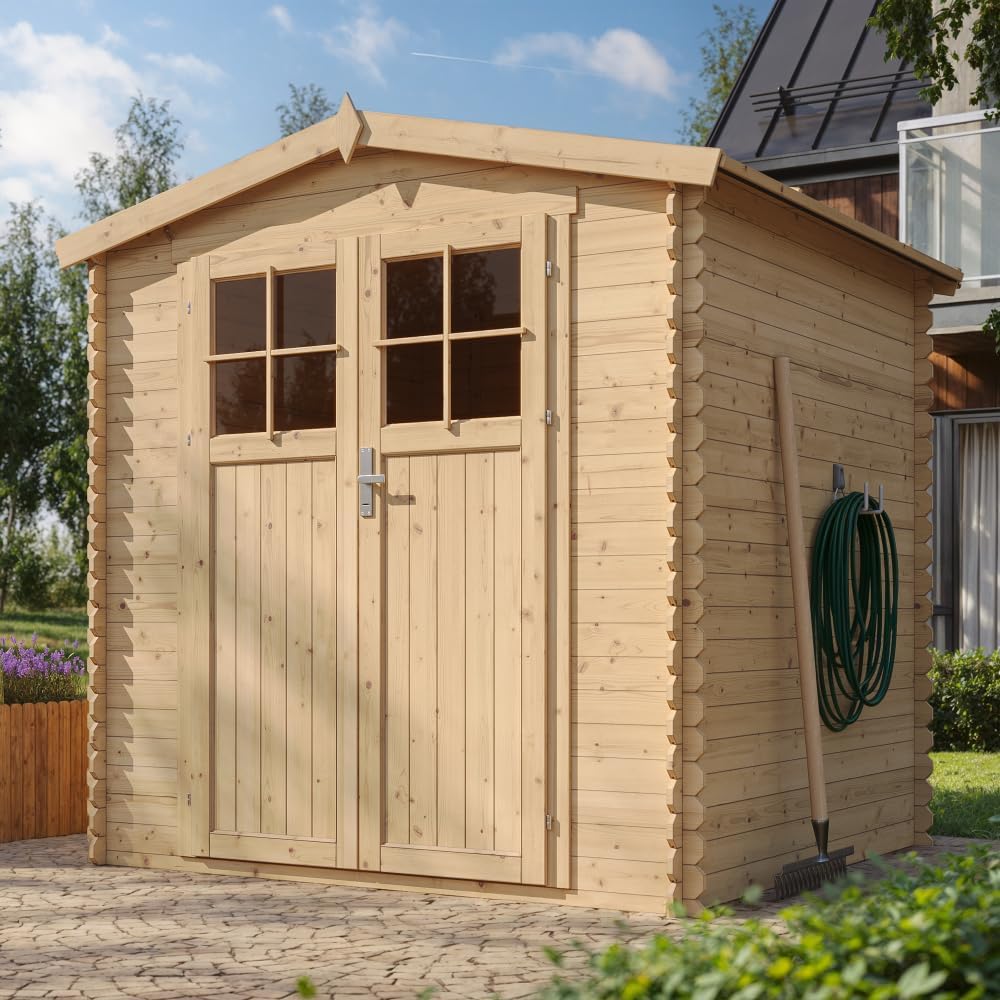 Abri de Jardin en Bois avec Sol TRAITÉ Porte verrouillable de Haute qualité - Stockage extérieur I216xL206xH218 cm/ 3.53 m2 - Toit imperméable, fenêtres jardinito M343F+M343G