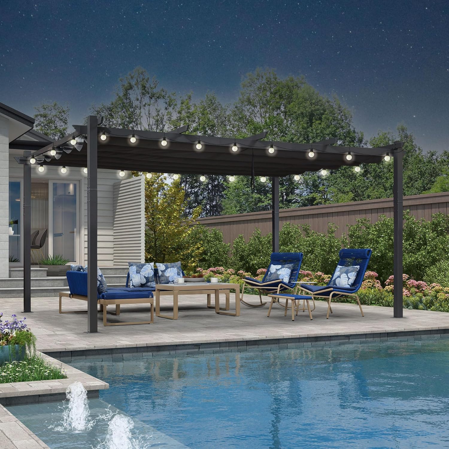 jardinito - pergola aluminium - 4,8x3,5m - LED, toit rétractable, tissu mass teinté, structure résistante