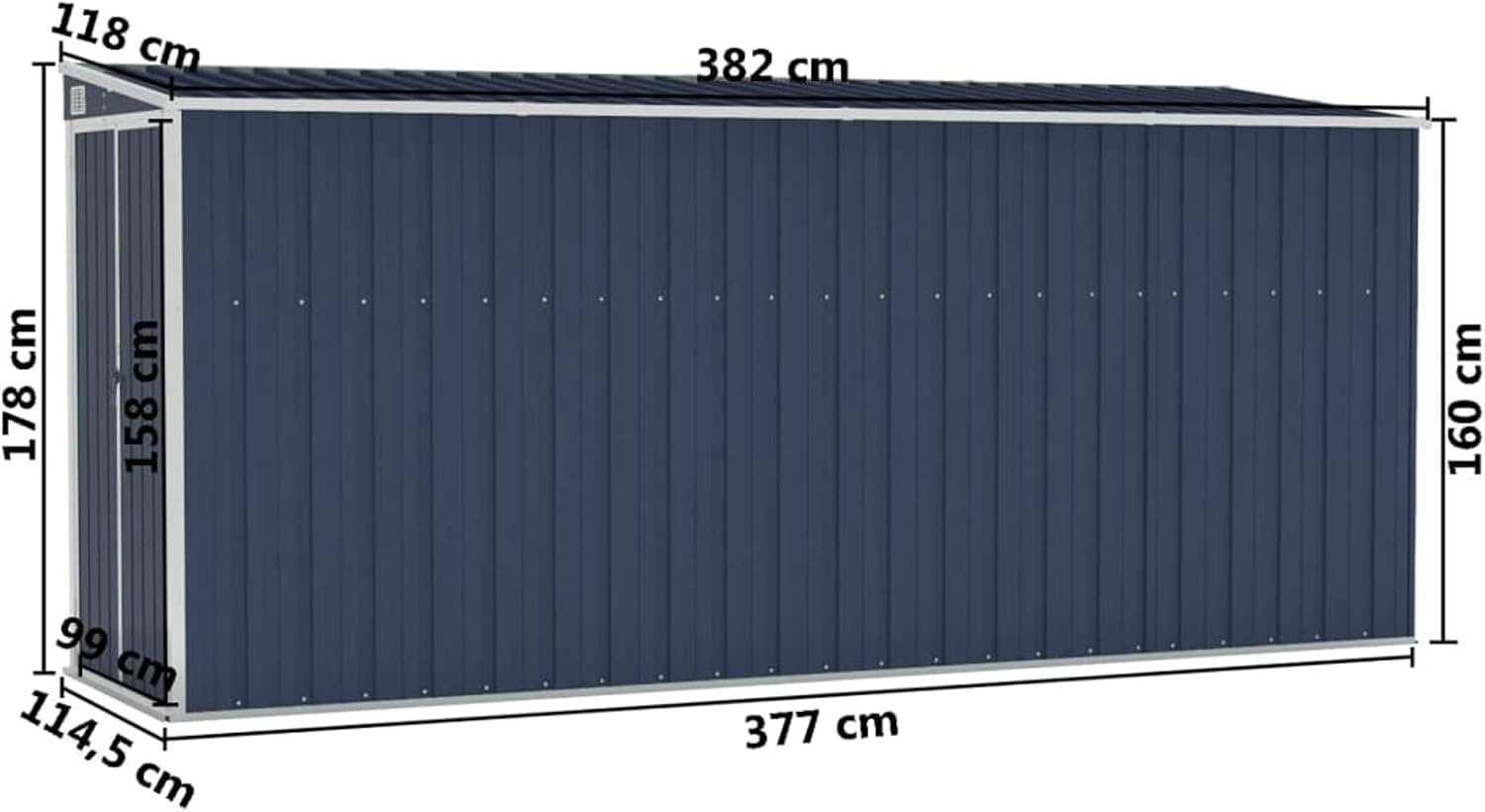 Abri de jardin mural en acier galvanisé 118 x 382 x 178 cm