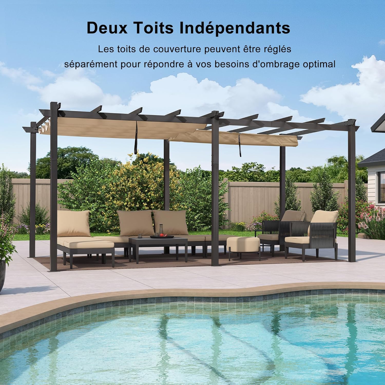 jardinito - Pergola aluminium série - 5,5x3,5m - toit coulissant, tissu teint en fil, kaki
